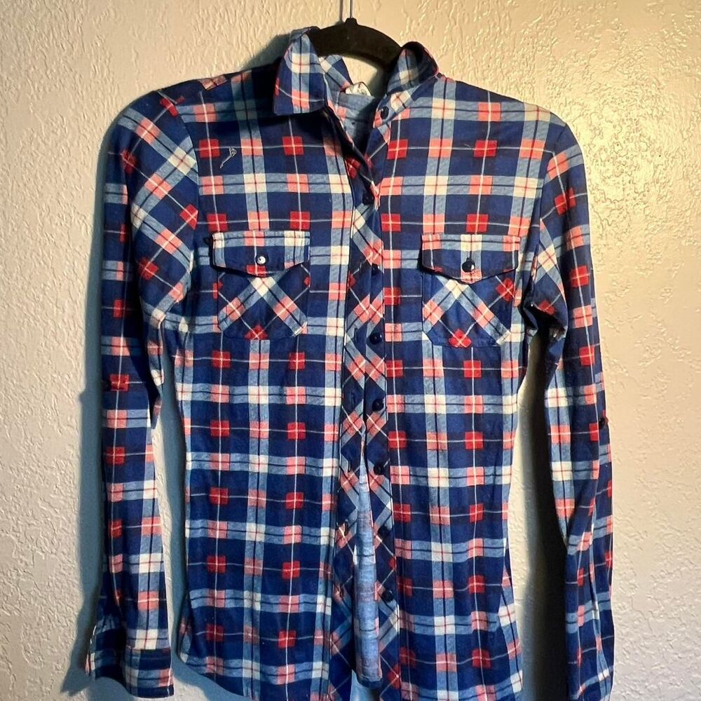 Women's Blue and Red Shirt Plaid Button-Up Shirt, Pocketed, Plaid design, RnB